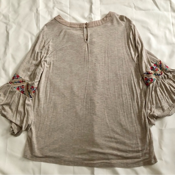 Democracy embroidery boho bell sleeves floral trim jersey knit flare size L - Picture 6 of 9